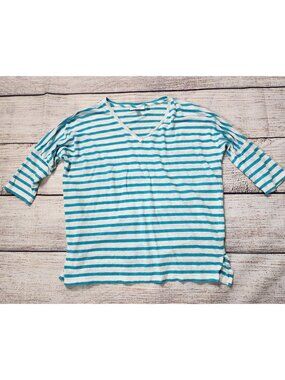 Chico's 100% Linen Teal Blue White‎ Striped Top V-Neck Nautical Size 1 / Medium